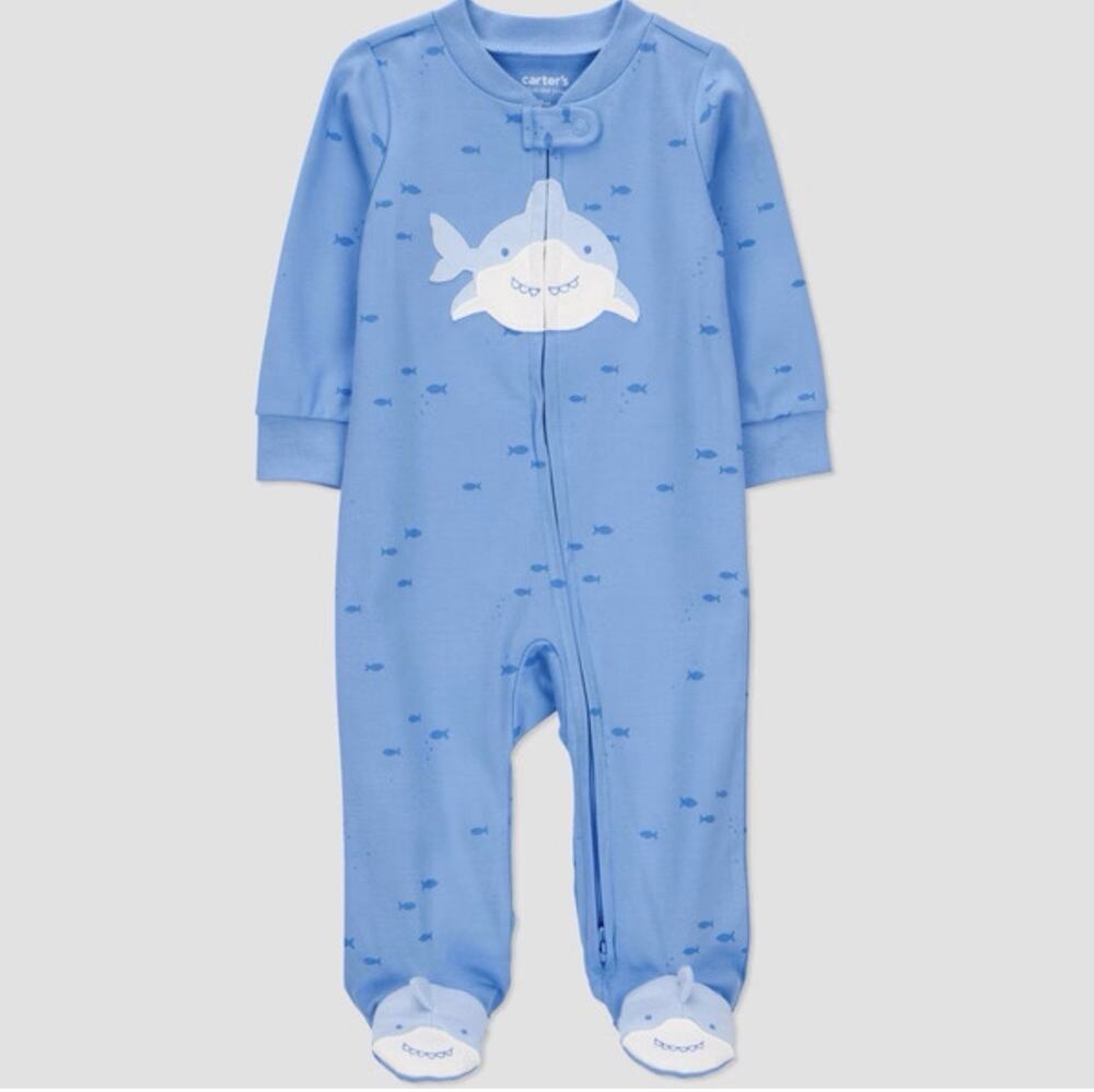 Carter's Just One You Footed Sleeper 9 Months Blue Shark Zip Long Sleeve Cotton